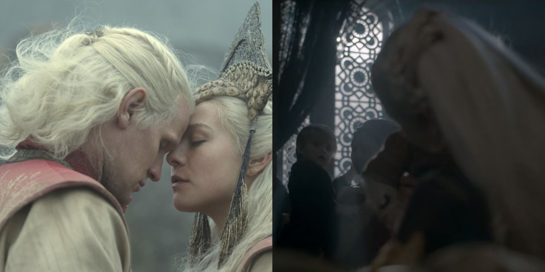 Split image showing Rhaenyra, Daemon and Aegon Targaryen in House of the Dragon.