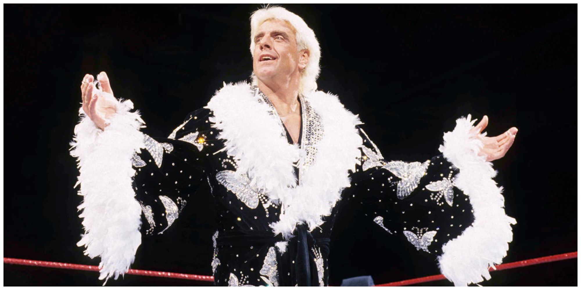 Ric Flair in a WWE ring wearing a black robe with white feathers holding his arms out
