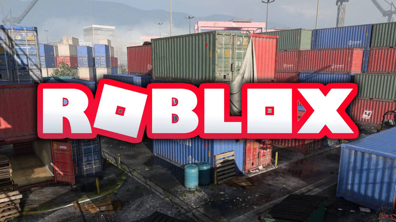 Roblox logo over screenshot of Shipment map from Call of Duty