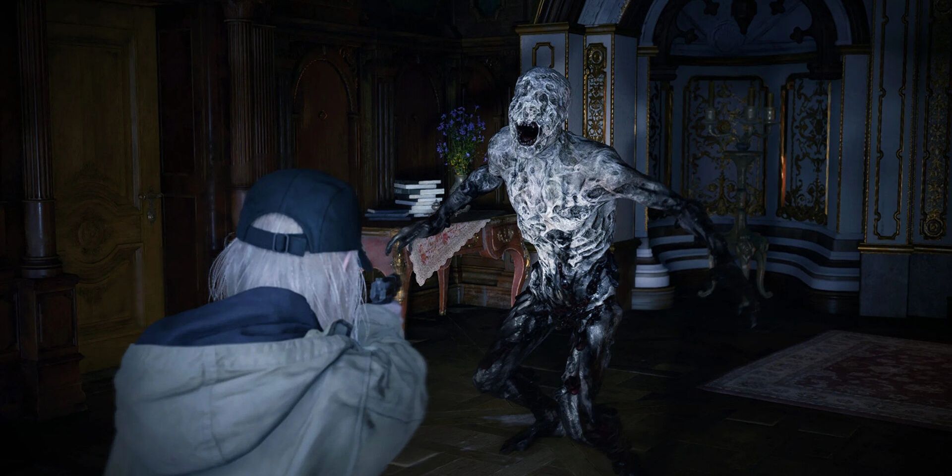 Rose winters pointing a gun at a ghost in Resident Evil: Village