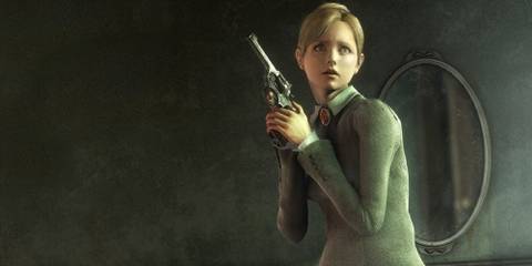 Rule of Rose - The protagonist Jennifer holding a revolver in both hands, her posture hunched and her expression horrified.