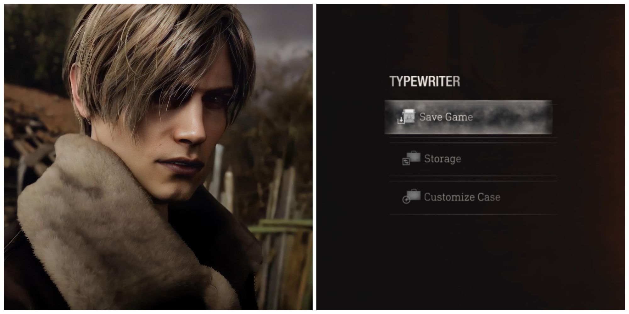 Leon Kennedy (left) and saving the game (right) in Resident Evil 4 Remake 