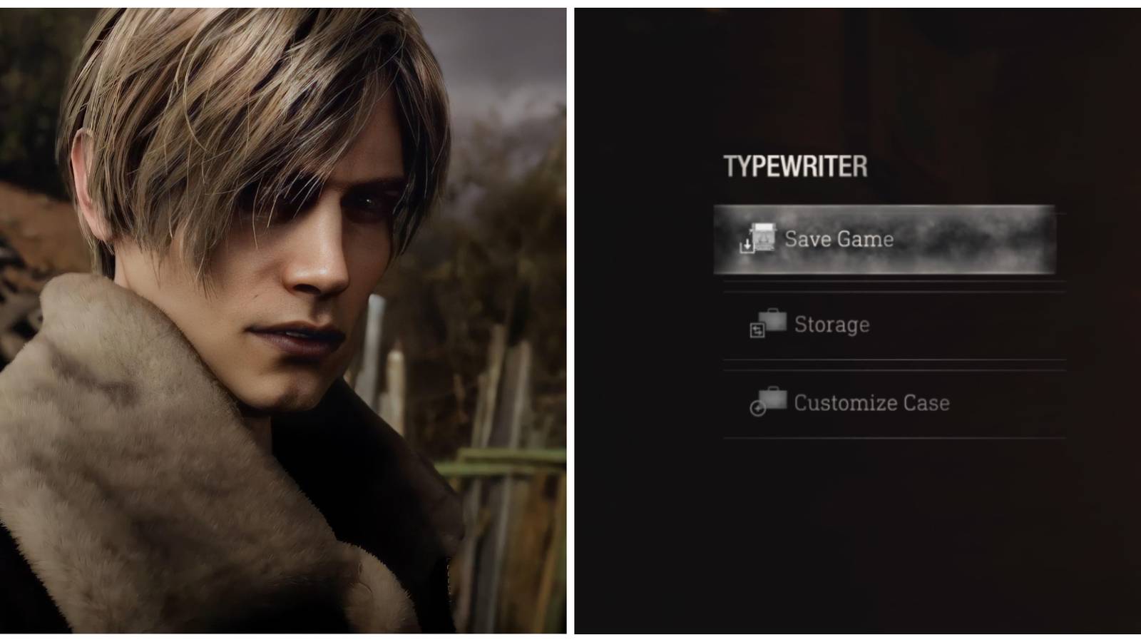 Leon Kennedy (left) and saving the game (right) in Resident Evil 4 Remake 
