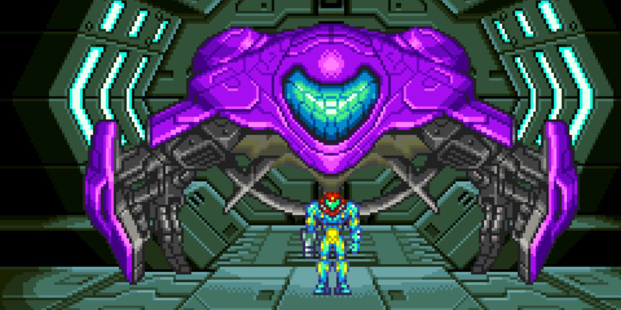 Samus by her ship in Metroid Fusion