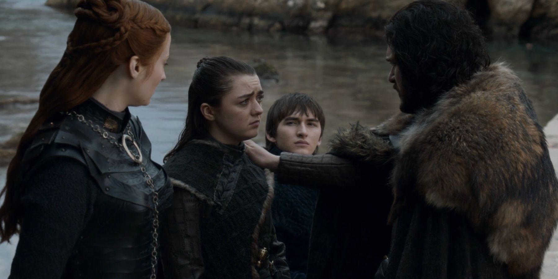 Sansa, Arya, and Bran bid goodbyes to Jon in Game of Thrones.