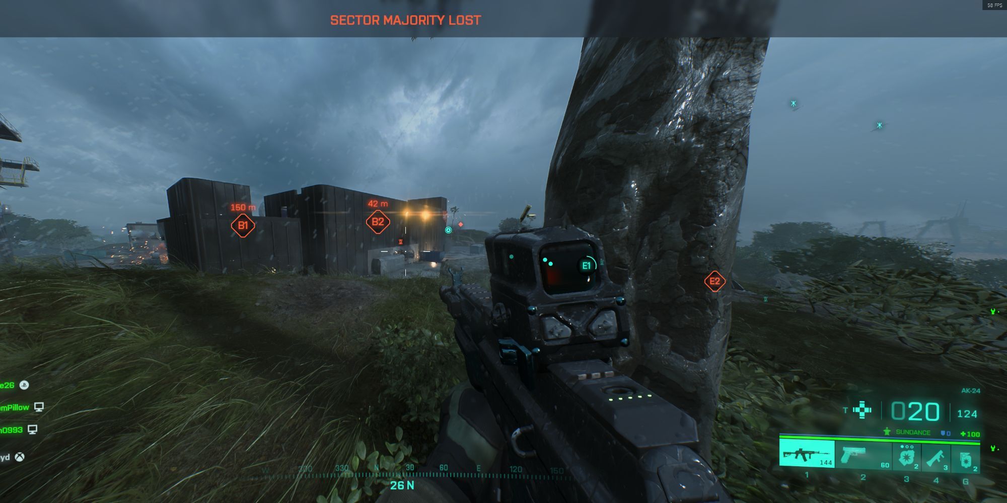A still image of Battlefield 2042 gameplay, featuring a rifle with an advanced scope