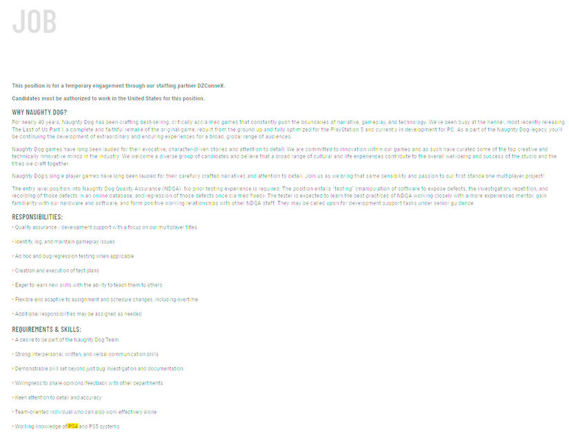 Naughty Dog multiplayer QA Tester