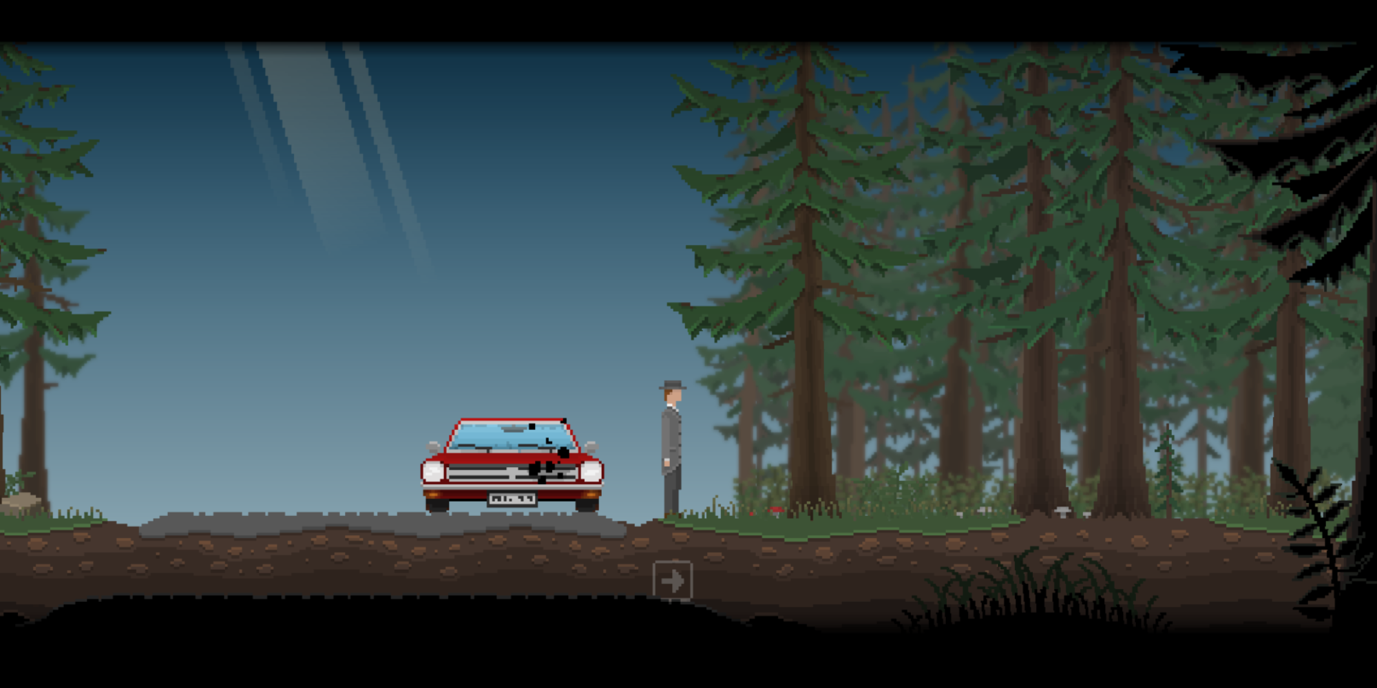 A man stands by his car at the edge of the woods in Don't Enter the Forest