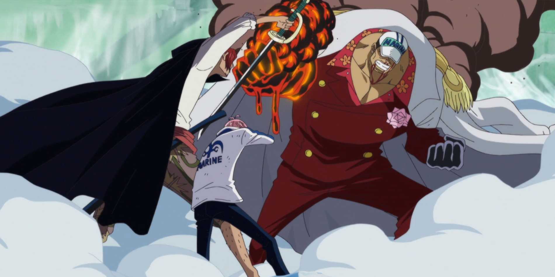 Shanks saves Koby from Akainu's magma punch at Marineford in One Piece.