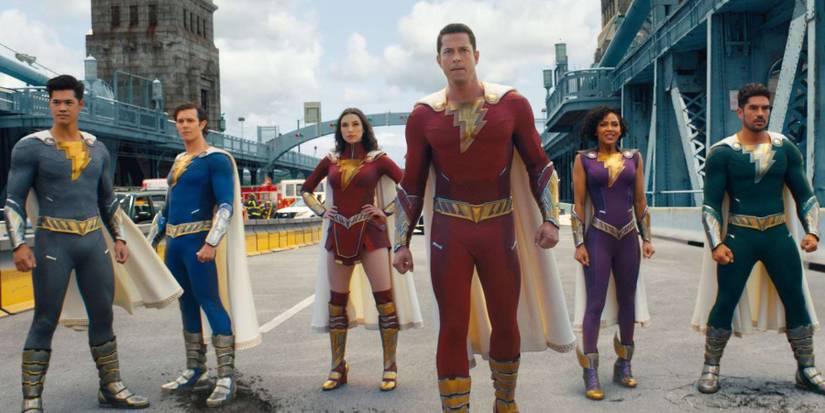 Shazam! Fury of the Gods entire team roster lined up in superhero costumes