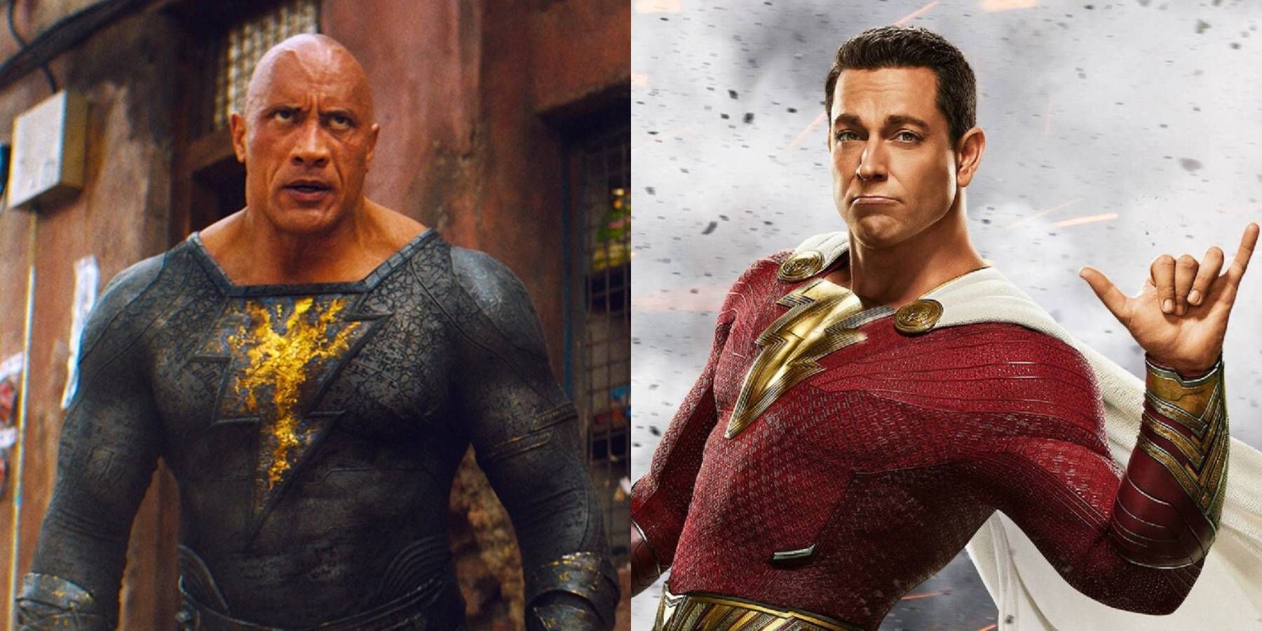 Dwayne Johnson as Black Adam and Zachary Levi as Shazam split image