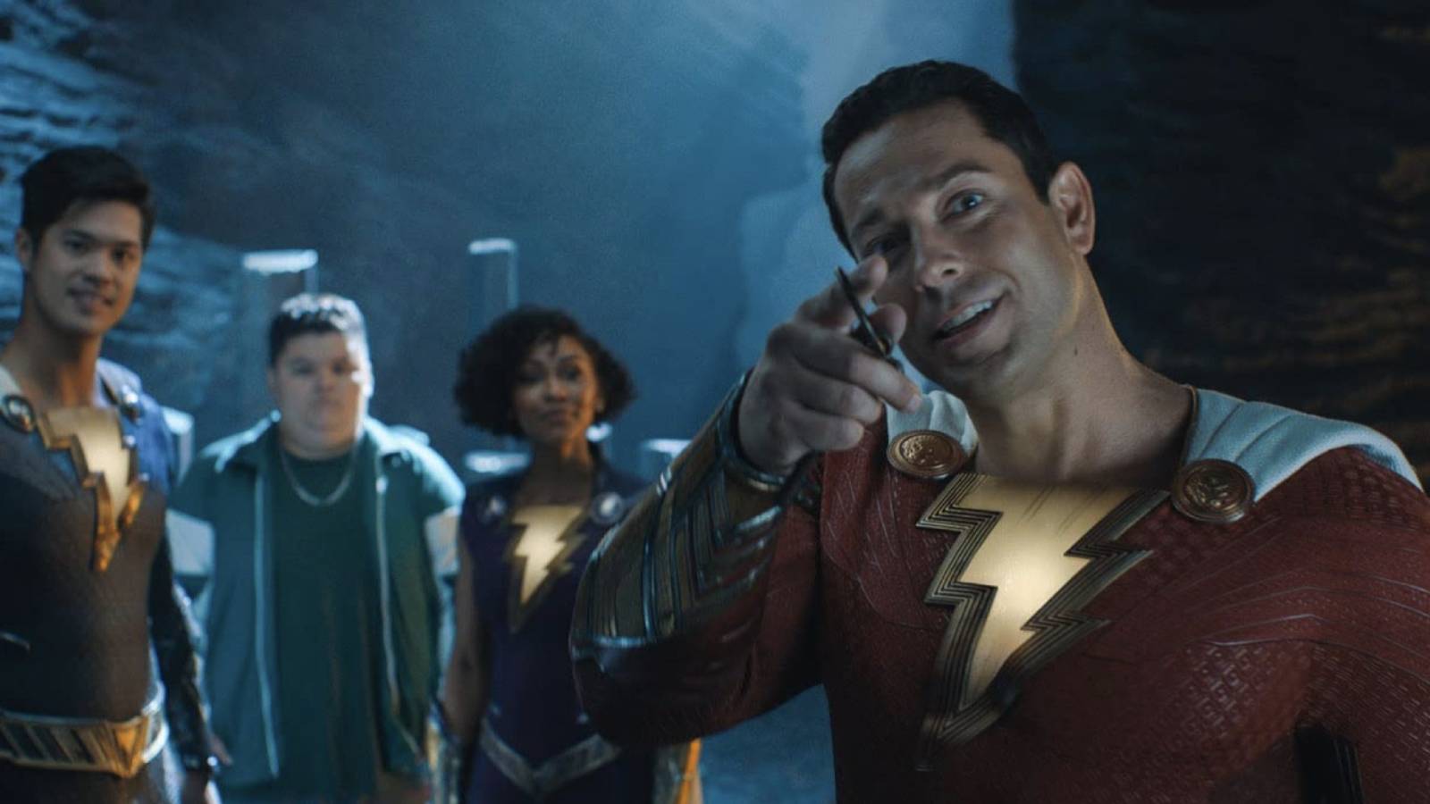 Shazam! Fury of the Gods Zachary Levi pointing and laughing