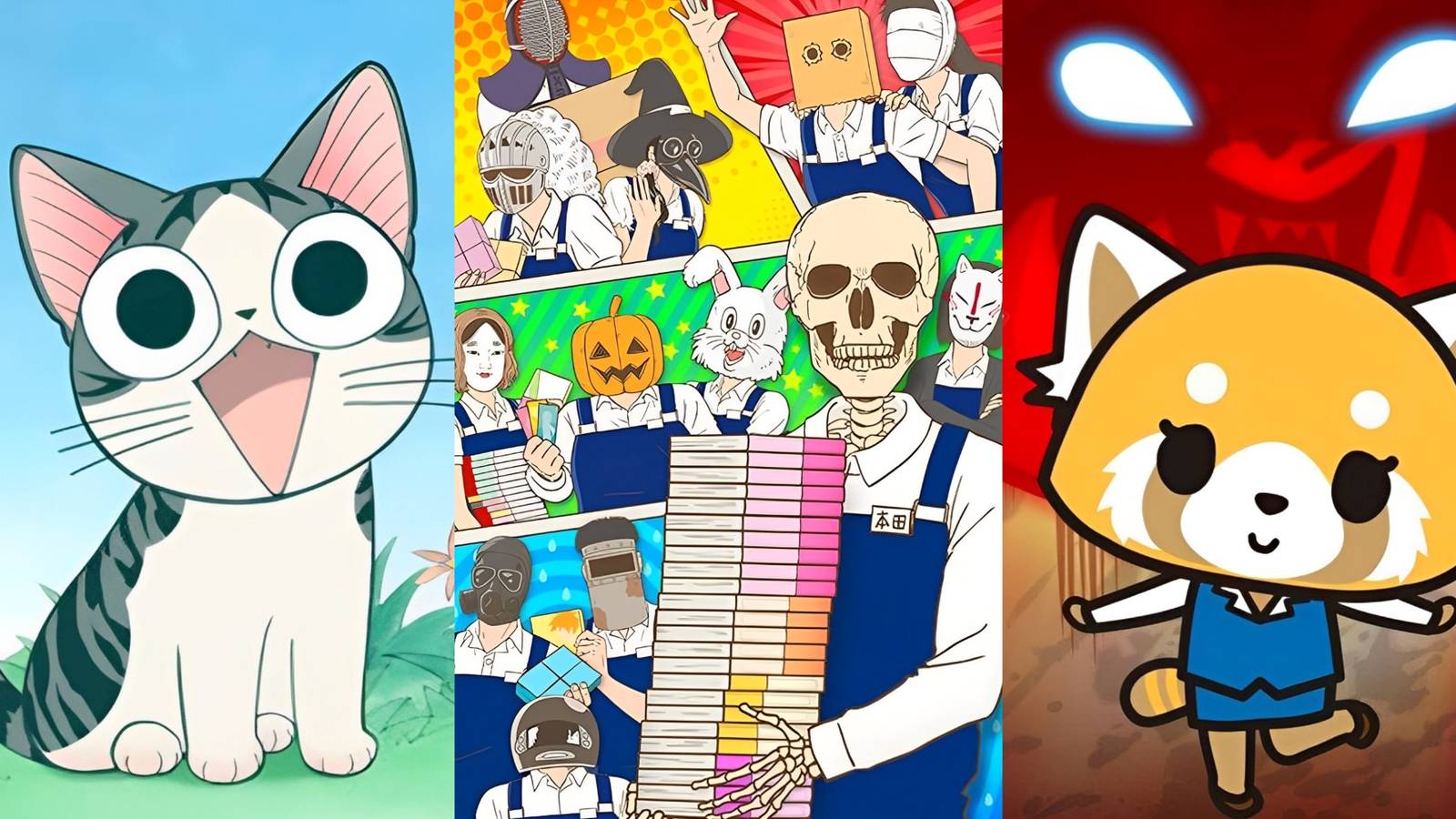 The main characters from Chi's Sweet Home, Skull-Faced Bookseller Honda-san, and Aggretsuko standing together