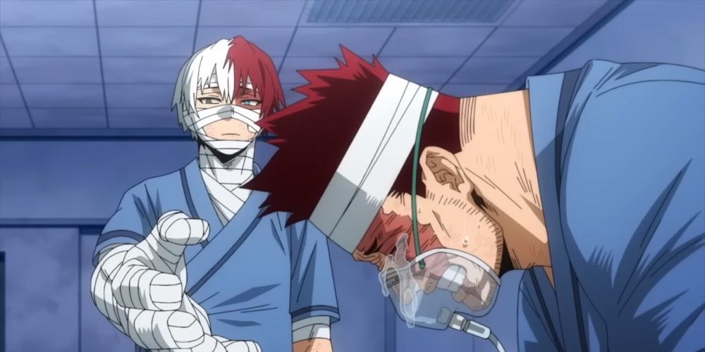 A wounded Shoto speaking to a hospitalized Endeavor in the My Hero Academia anime