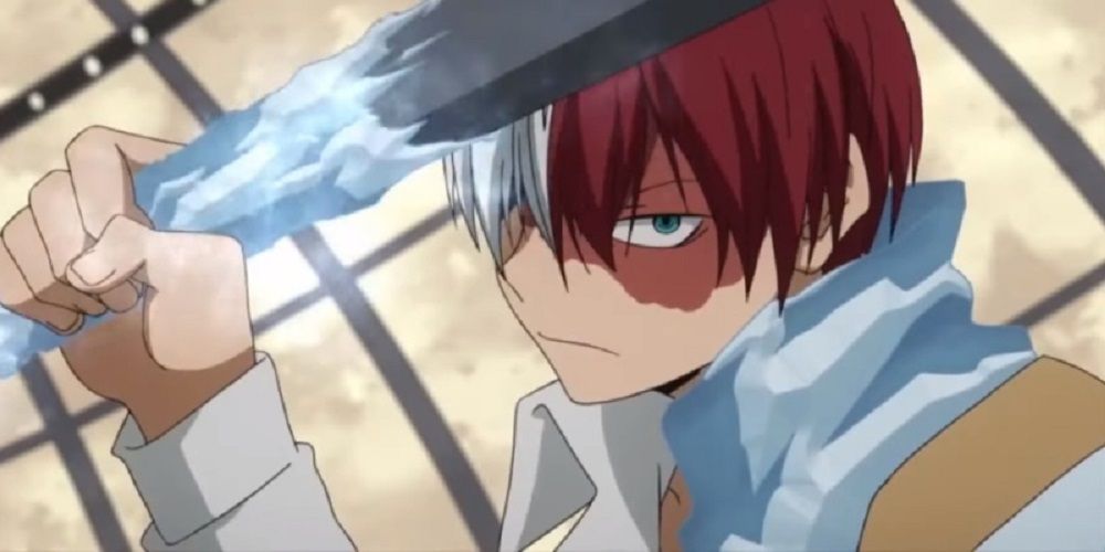 Shoto using his Ice Quirk to fight villains in the My Hero Academia anime