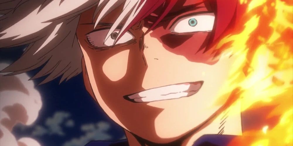 Shoto smiling during his match against Izuku in the My Hero Academia anime