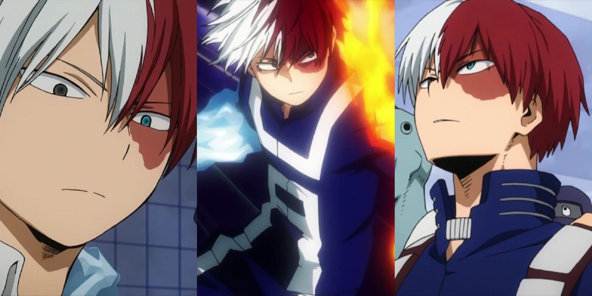 Split image of Shoto Todoroki at the USJ, using his fire and ice powers, and during the Hero License Exam in the My Hero Academia anime
