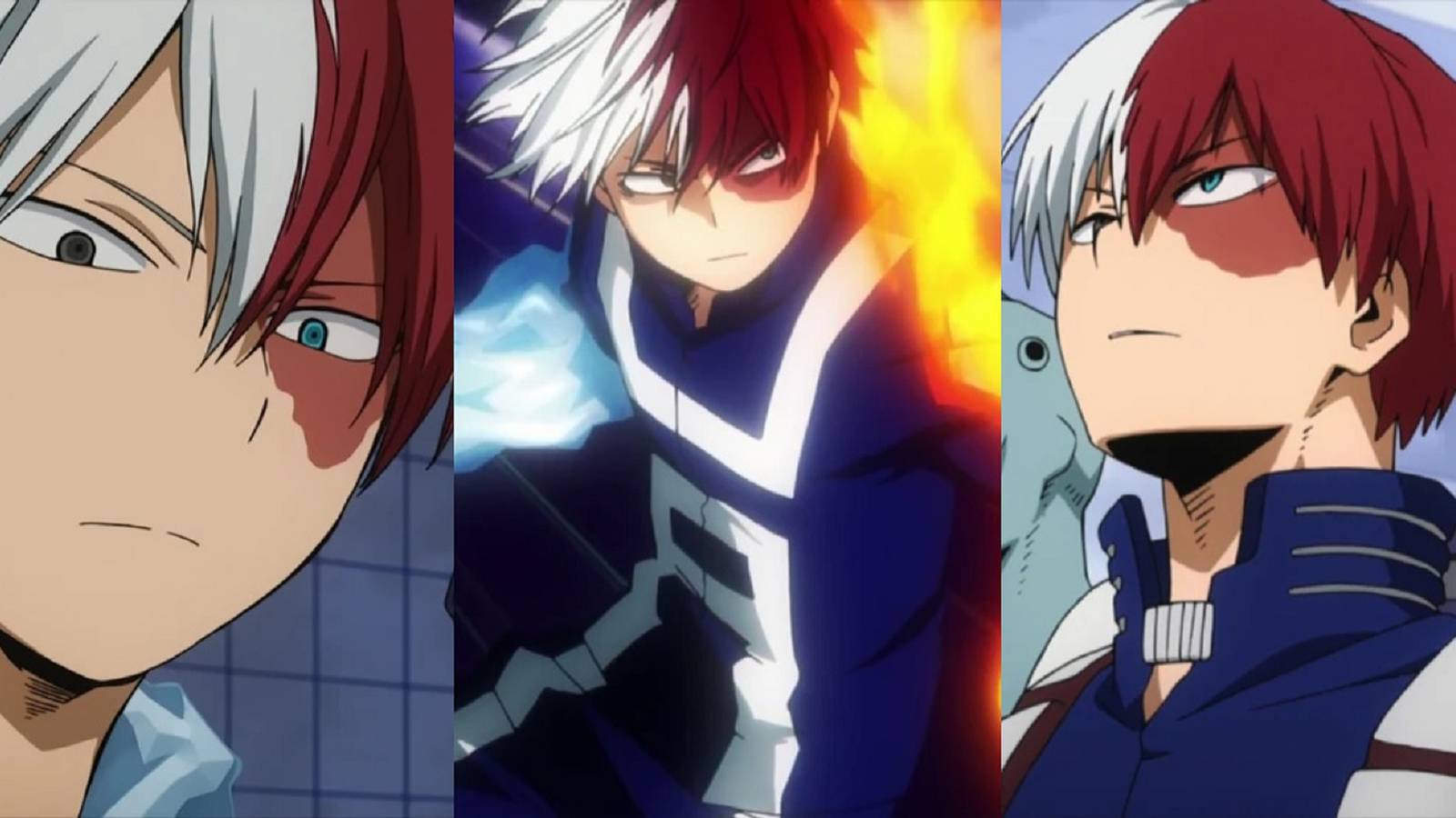 Split image of Shoto Todoroki at the USJ, using his fire and ice powers, and during the Hero License Exam in the My Hero Academia anime