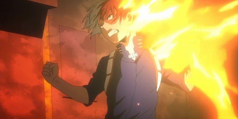 Shoto uses his firepowers against Stain in the anime My Hero Academia