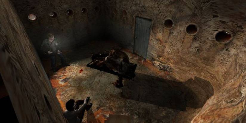 James facing off against the ideal father or abstract daddy as Angela cowers in the corner.