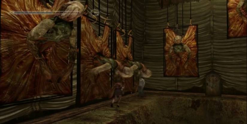 Massive creatures emerge from flesh on the walls, reaching for the characters.