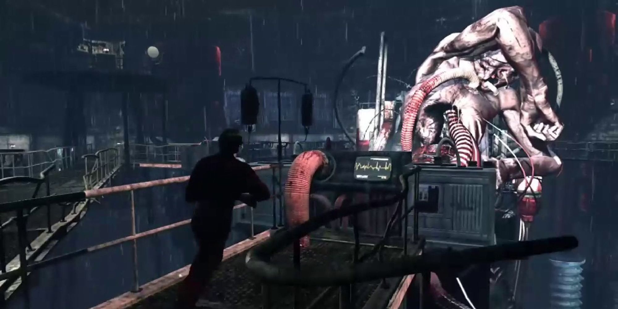 The penultimate boss of Downpour, reeling from an attack with his arm covering his face.