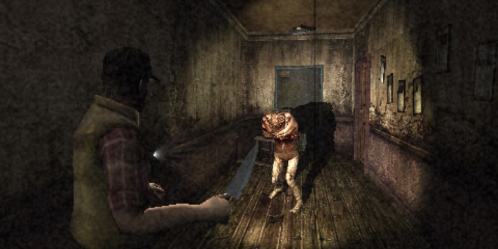 A humanoid creature shambles towards the protagonist brandishing a knife in preparation. 