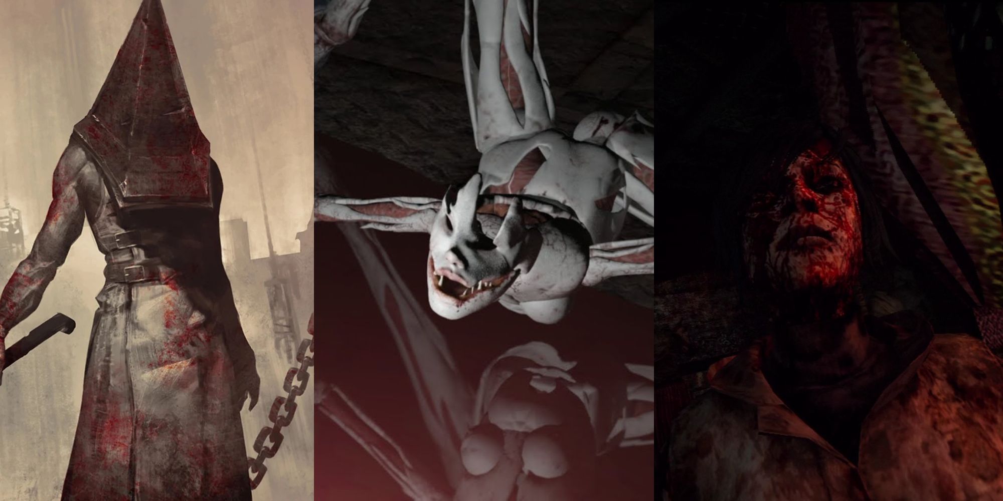 Solit image featuring Pyramid Head, Scarlet and Alessa from various Silent Hill games. 