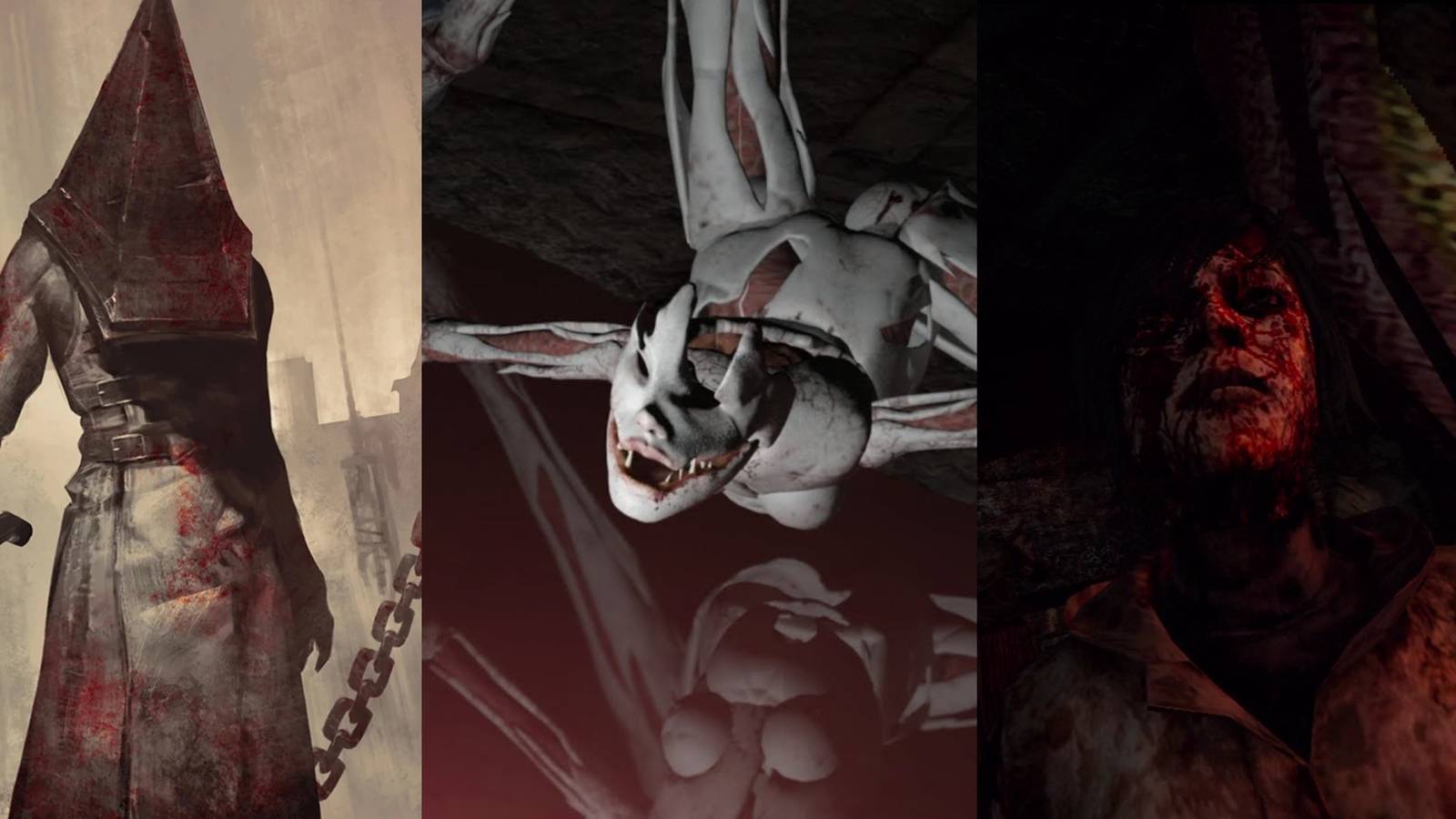 Solit image featuring Pyramid Head, Scarlet and Alessa from various Silent Hill games. 