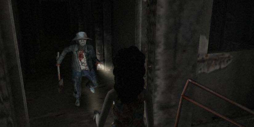 A woman coming face to face with one of the dangerous, armed enemies of the game.