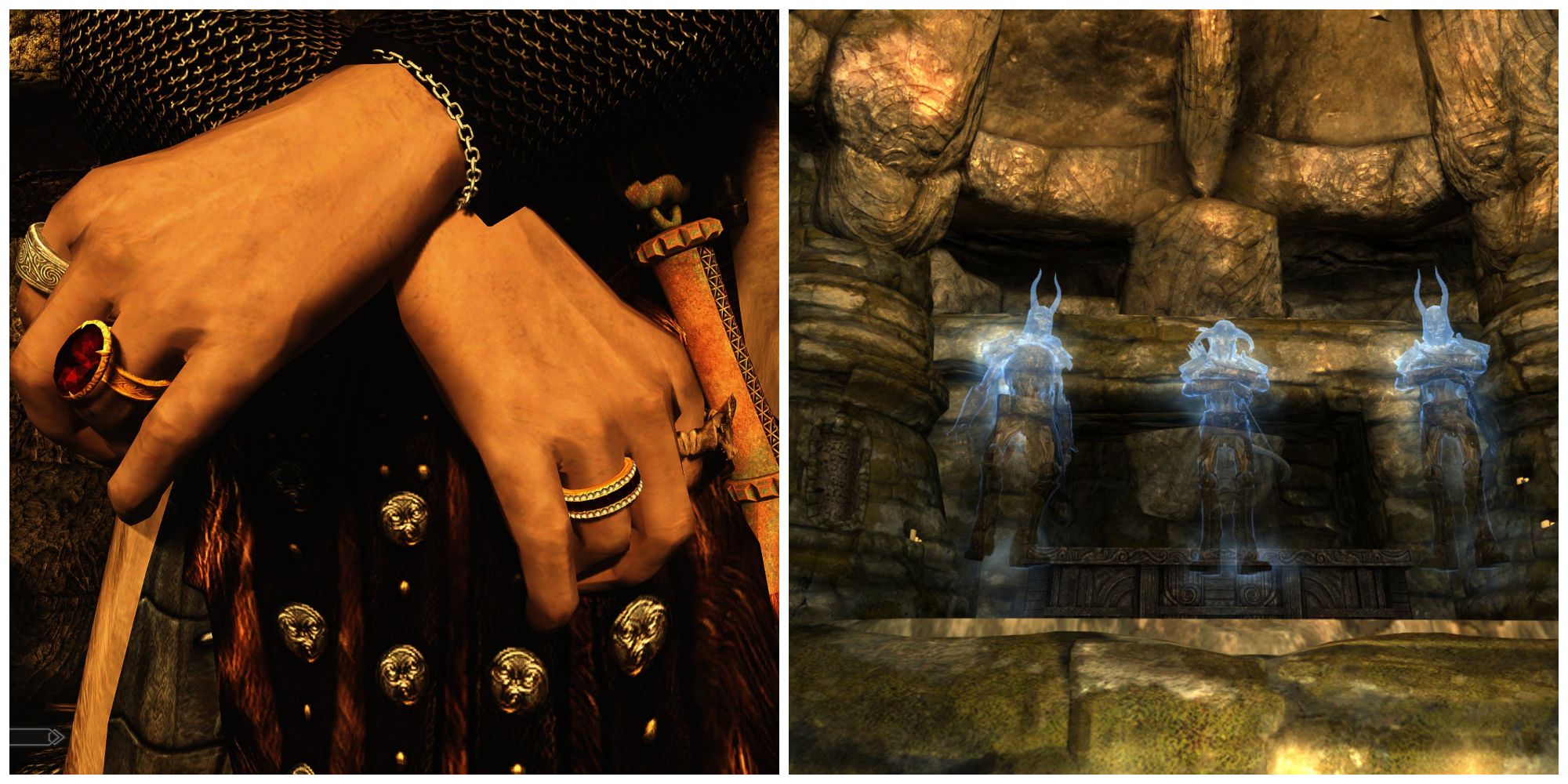 Skyrim split image, hands wearing rings and the Gauldur brothers' ghosts.