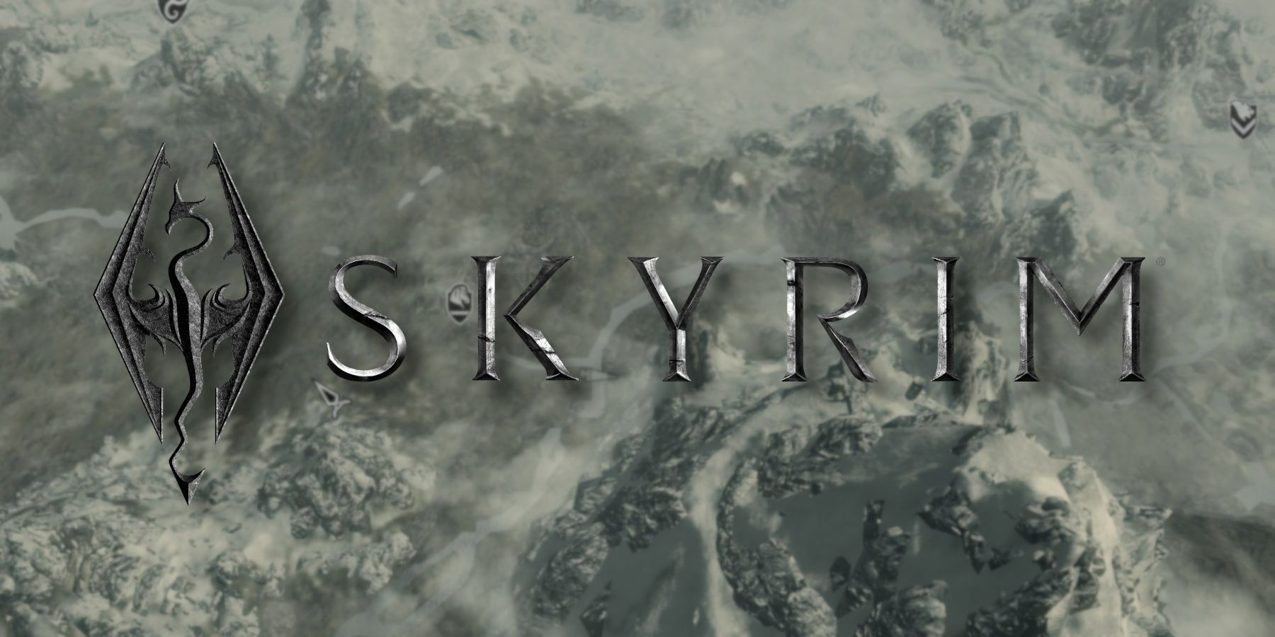 The Skyrim logo with the game's map behind it.