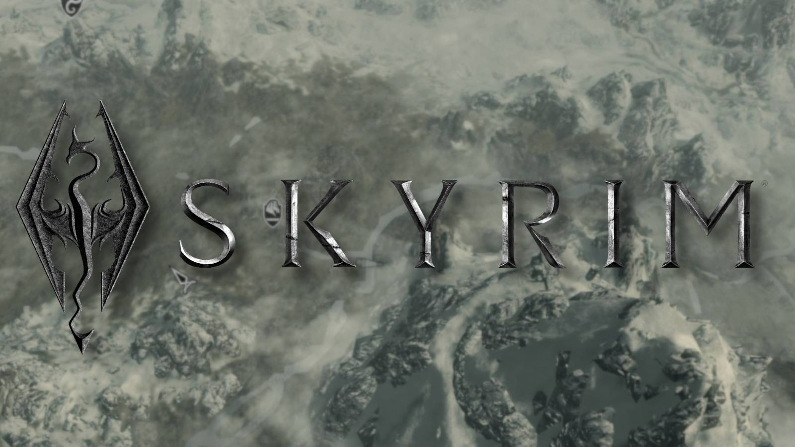 The Skyrim logo with the game's map behind it.
