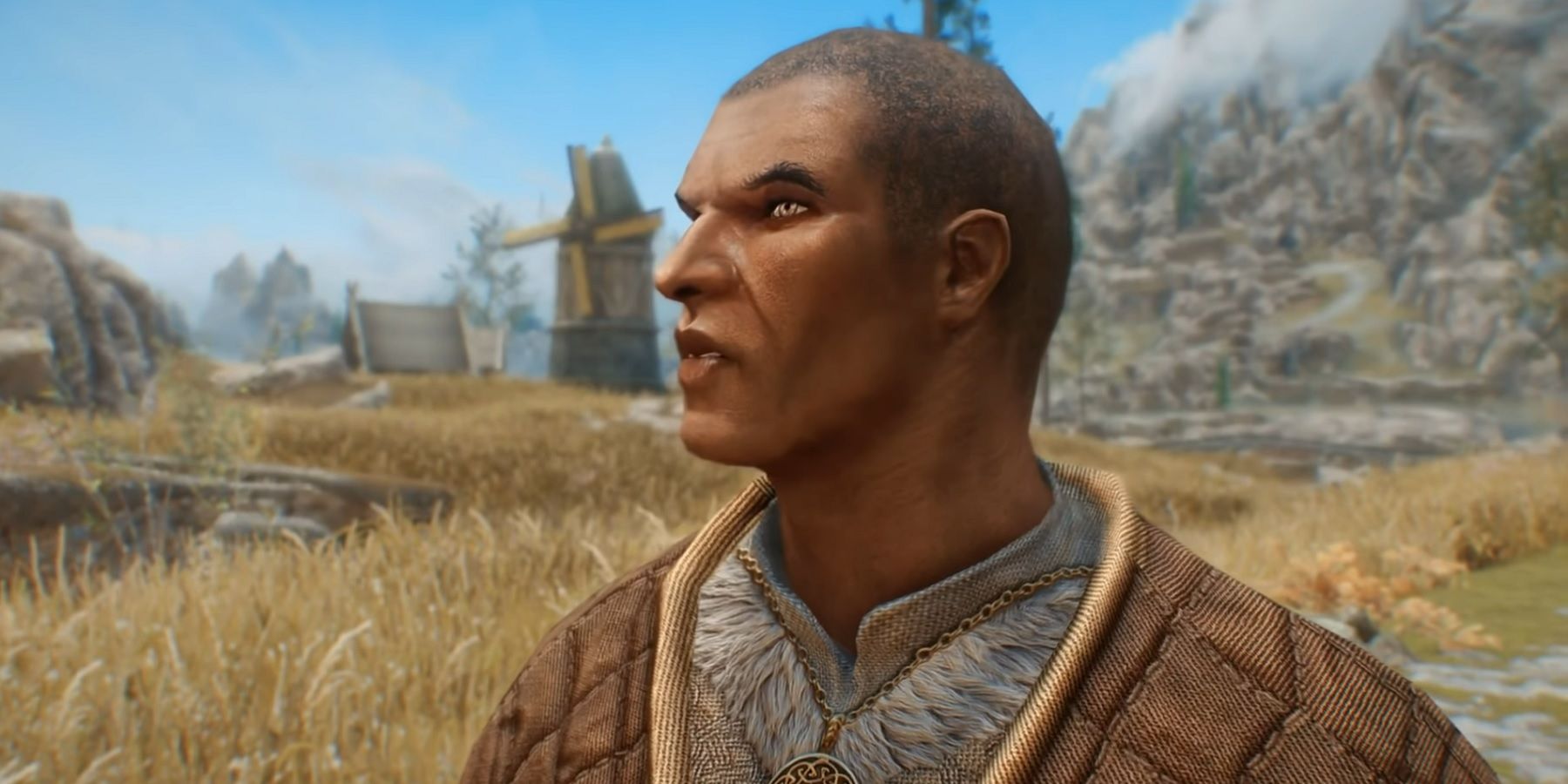 Screenshot from Skyrim showing a close-up of the Redguard Nazeem.