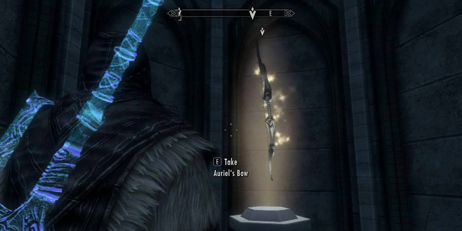 The artifact Auriel's bow floating on a pedestal, dappled in golden light.