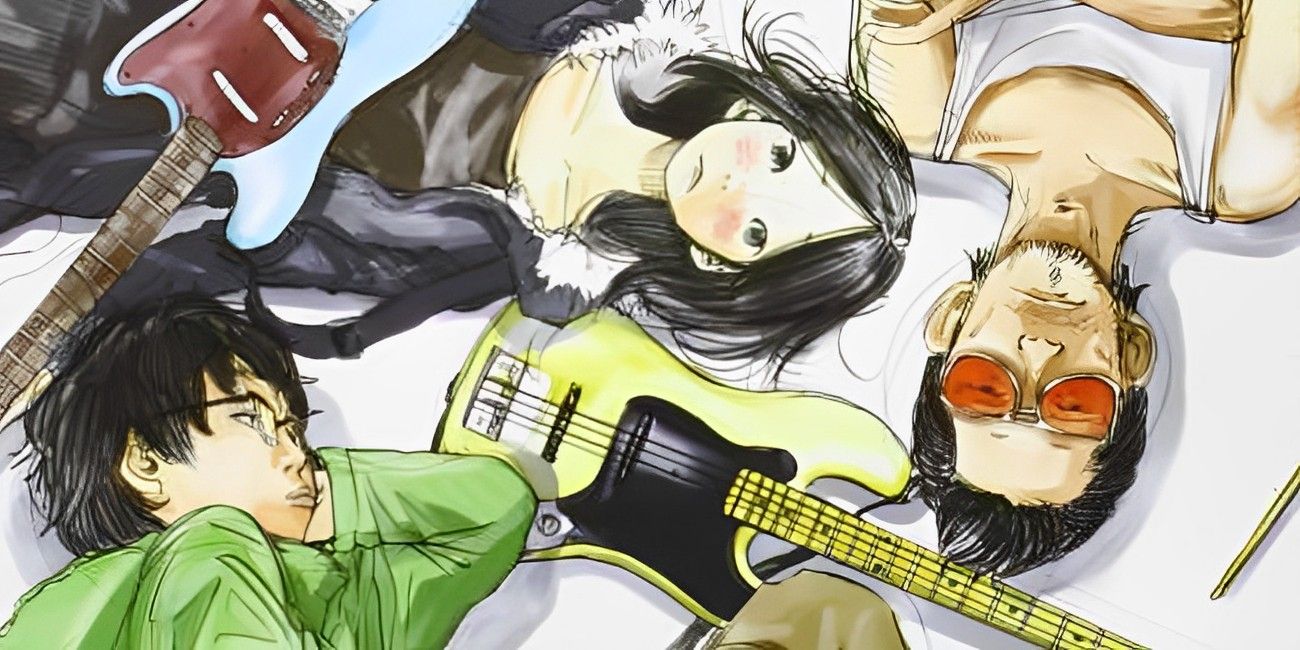 The main cast of Solanin laying down next to guitars