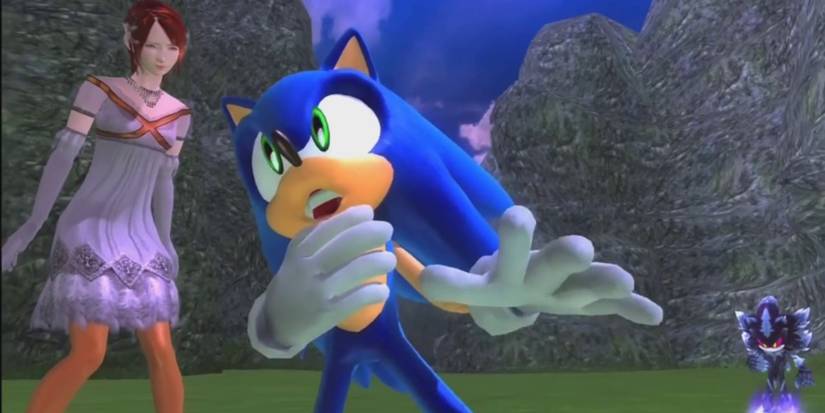 Sonic falling while Elise and Mephiles watch