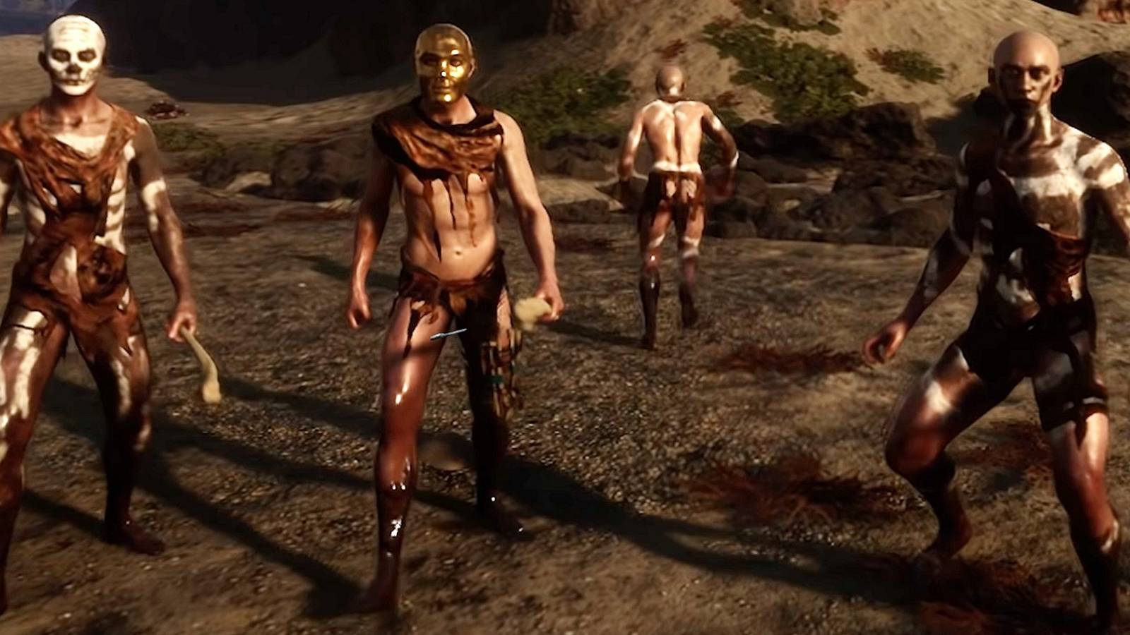 Image from Sons of the Forest showing a bunch of cannibals approaching the player.