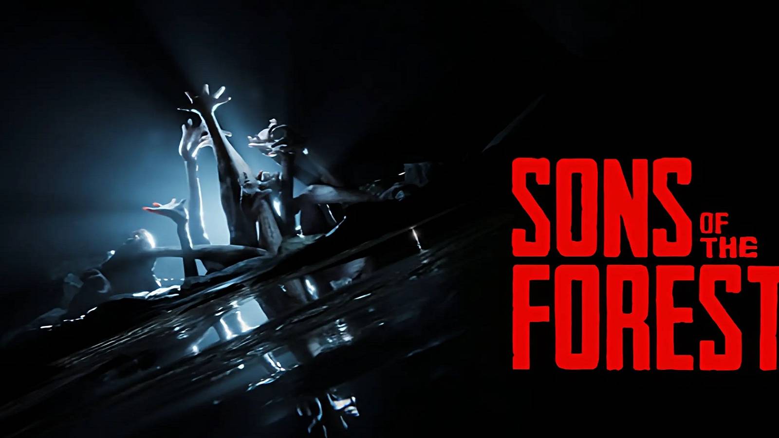 The red Sons of the Forest logo with some creepy limbs in the background.