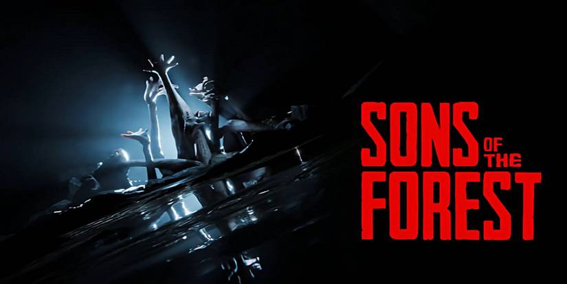 The red Sons of the Forest logo with some creepy limbs in the background.