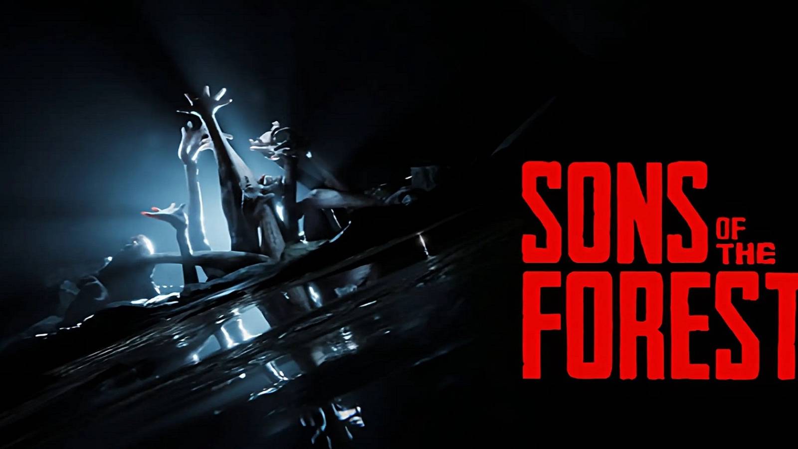 The red Sons of the Forest logo with some creepy limbs in the background.