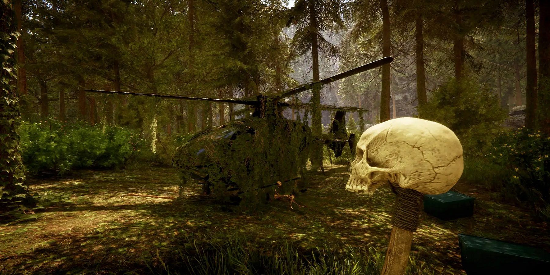 Image from Sons of the Forest showing a downed helicopter covered in vines.