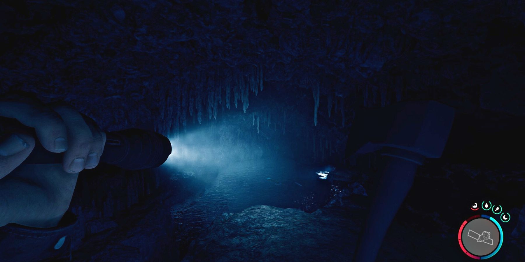 Sons of The Forest Cave - Go to the light, and the rebreather is on a rock near the water
