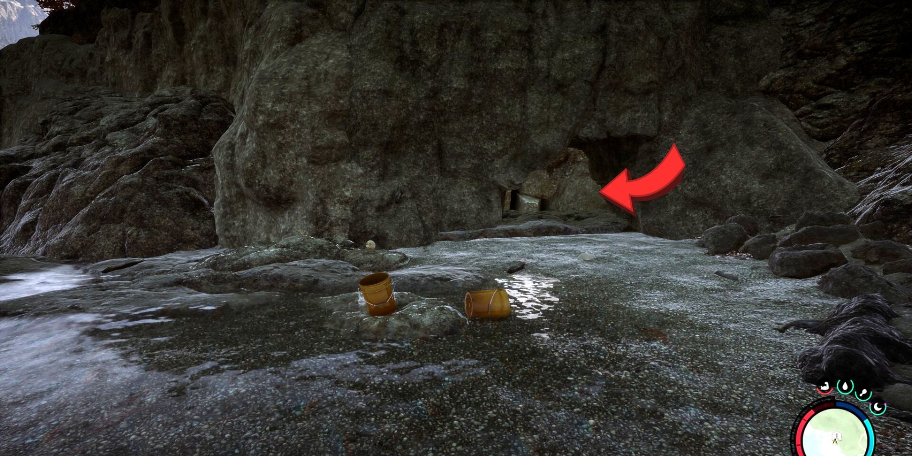 Sons of The Forest Cave - The wooden planks can be knocked down with the Tactical axe inside the emergency pack, and then players will hold down
