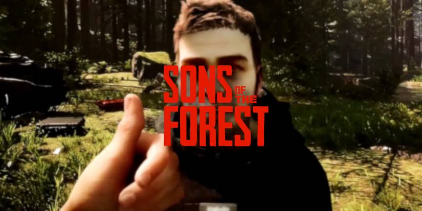 Sons of the Forest logo with the player giving a thumbs up to Kelvin in the background.