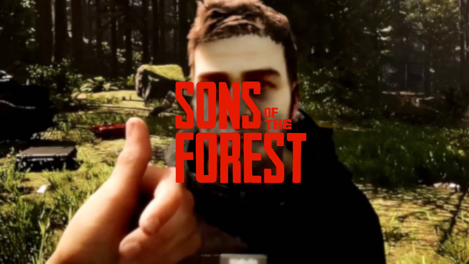 Sons of the Forest logo with the player giving a thumbs up to Kelvin in the background.