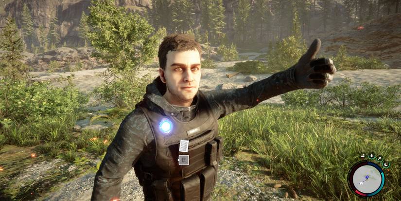 Image from Sons of the Forest showing Kelvin pointing off-camera.