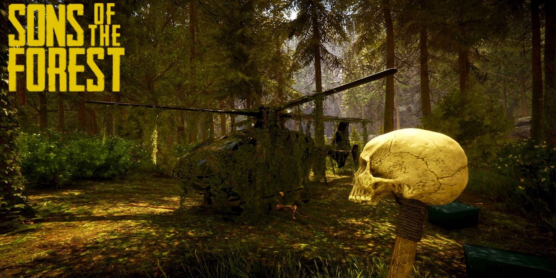 Image from Sons of the Forest showing a creepy helicopter covered by vines.