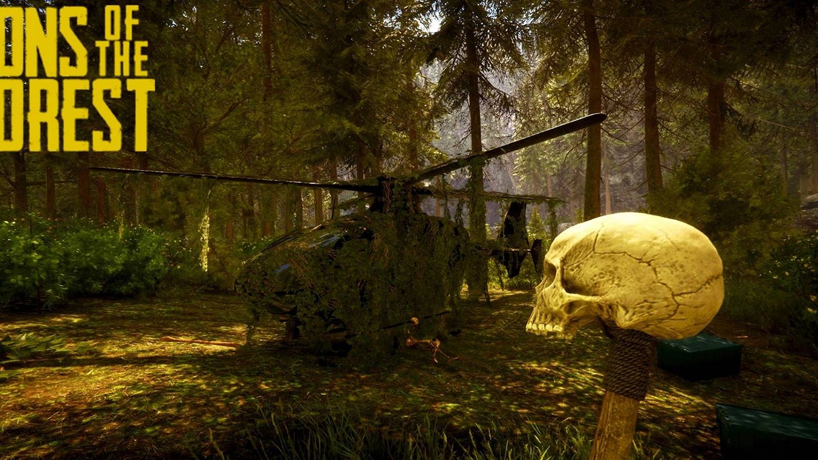 Image from Sons of the Forest showing a creepy helicopter covered by vines.