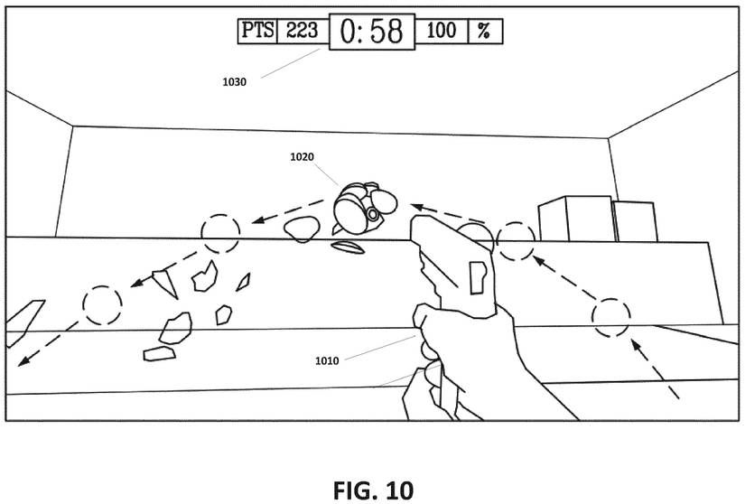 A rendering for a recently filed Sony patient, showing a player practicing an FPS in a new "virtual dojo."